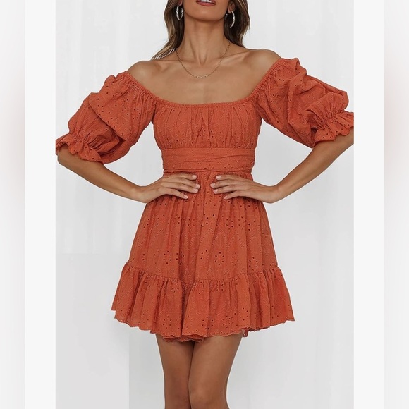 Pretty Garden Eyelet Overlay Short Puff Sleeve Ruffle Hem Babydoll Boho Dresses - Picture 4 of 12